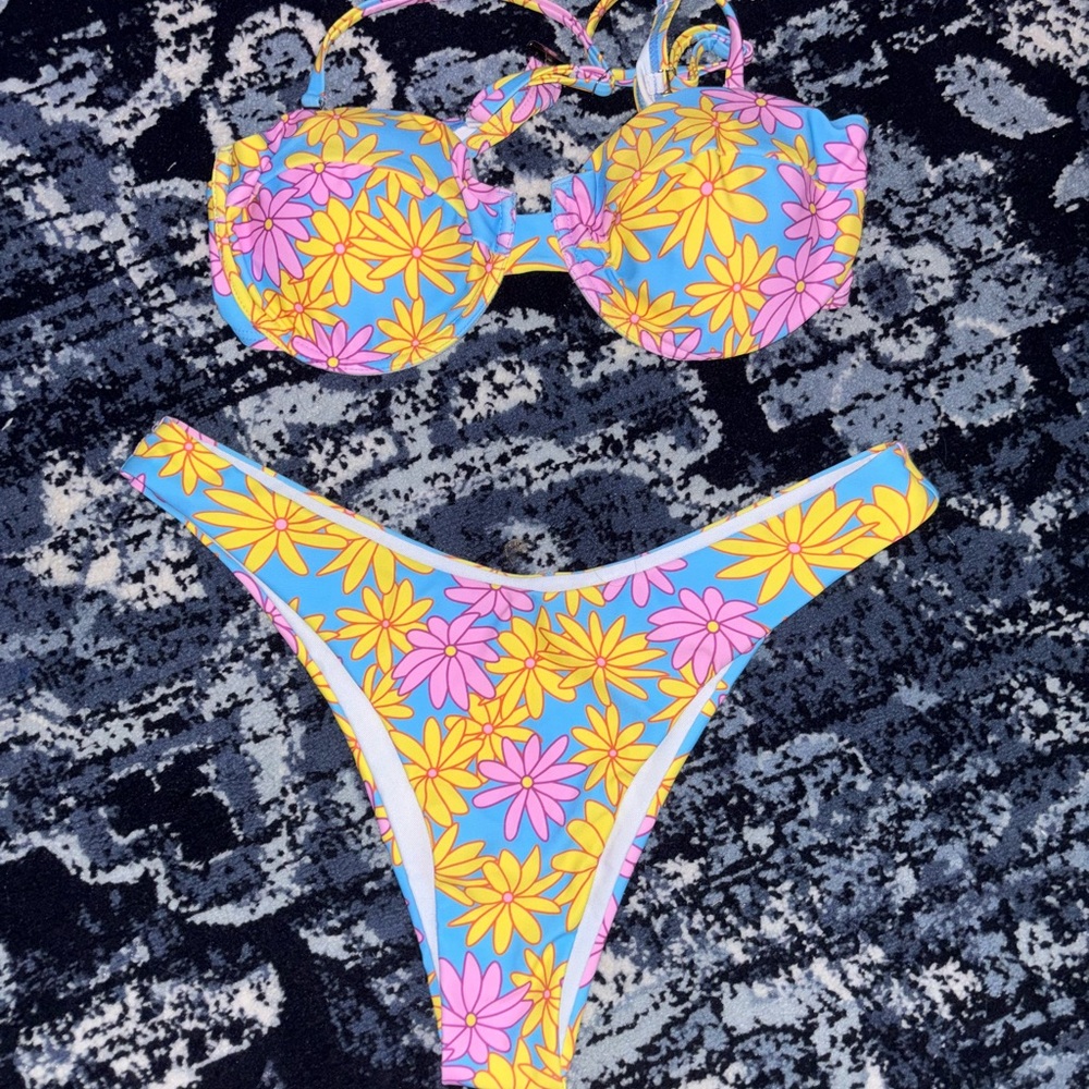 Floral Bikini Set in Blue and Yellow
